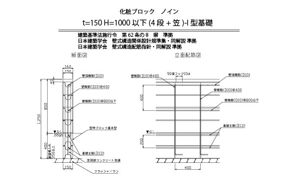 参考断面図 積みブロック ノイン 150 笠付 間仕切り 塀 エクステリア